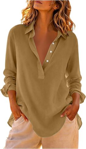 Cotton Tops for Women Casual Collared Henley Long Sleeve Shirt Solid Color Button Up V-Neck Tunic Blouses in Saudi Arabia