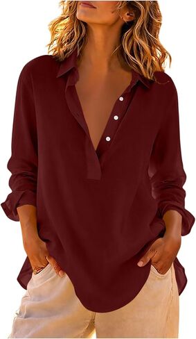 Cotton Tops for Women Casual Collared Henley Long Sleeve Shirt Solid Color Button Up V-Neck Tunic Blouses in Saudi Arabia