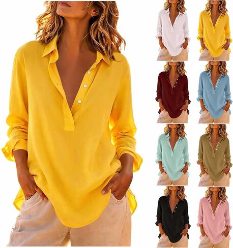 Cotton Tops for Women Casual Collared Henley Long Sleeve Shirt Solid Color Button Up V-Neck Tunic Blouses in Saudi Arabia