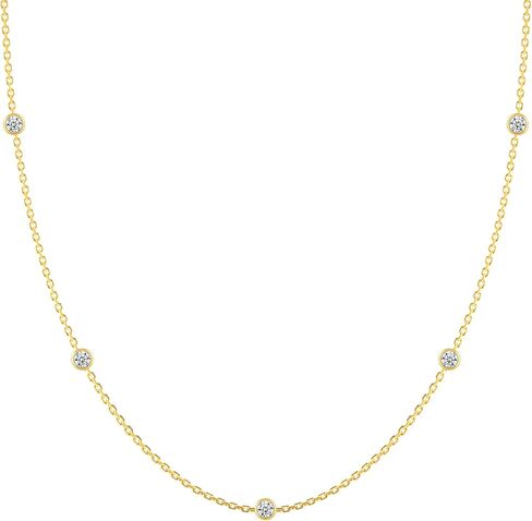 Moissanite Necklace for Women, 0.5 CT 5 Stone Station Necklace, 3mm Bezel Set Dainty Chain, 925 Sterling Silver with 14K Gold Plated, Adjustable 16-18 Inch Spring Ring Clasp, Minimalist Jewelry Mother's Day in Saudi Arabia