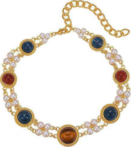 Vintage Gemstone Choker Necklace for Women - 18K Gold Plated Statement Jewelry with Faux Pearls & Multi-Color Stones, Adjustable Length in Saudi Arabia