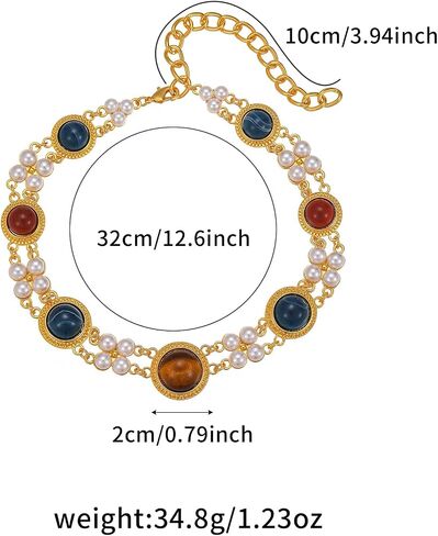 Vintage Gemstone Choker Necklace for Women - 18K Gold Plated Statement Jewelry with Faux Pearls & Multi-Color Stones, Adjustable Length in Saudi Arabia