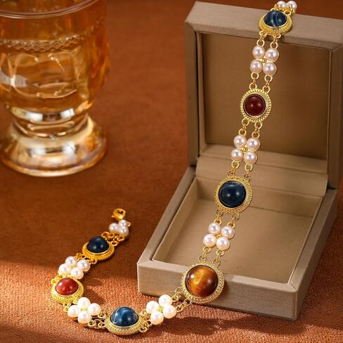 Vintage Gemstone Choker Necklace for Women - 18K Gold Plated Statement Jewelry with Faux Pearls & Multi-Color Stones, Adjustable Length in Saudi Arabia