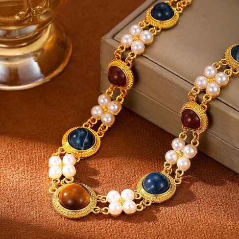 Vintage Gemstone Choker Necklace for Women - 18K Gold Plated Statement Jewelry with Faux Pearls & Multi-Color Stones, Adjustable Length in Saudi Arabia