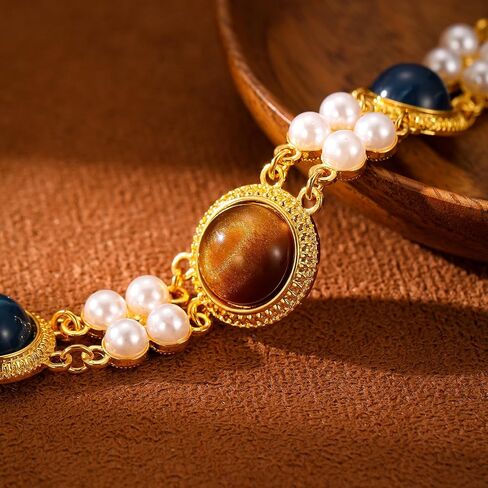 Vintage Gemstone Choker Necklace for Women - 18K Gold Plated Statement Jewelry with Faux Pearls & Multi-Color Stones, Adjustable Length in Saudi Arabia