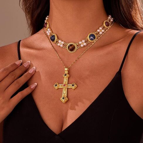 Vintage Gemstone Choker Necklace for Women - 18K Gold Plated Statement Jewelry with Faux Pearls & Multi-Color Stones, Adjustable Length in Saudi Arabia