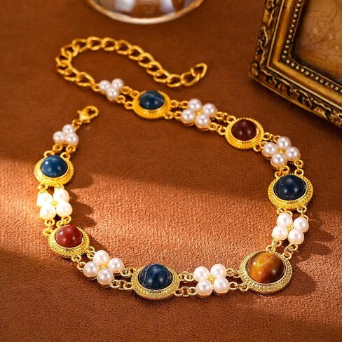 Vintage Gemstone Choker Necklace for Women - 18K Gold Plated Statement Jewelry with Faux Pearls & Multi-Color Stones, Adjustable Length in Saudi Arabia