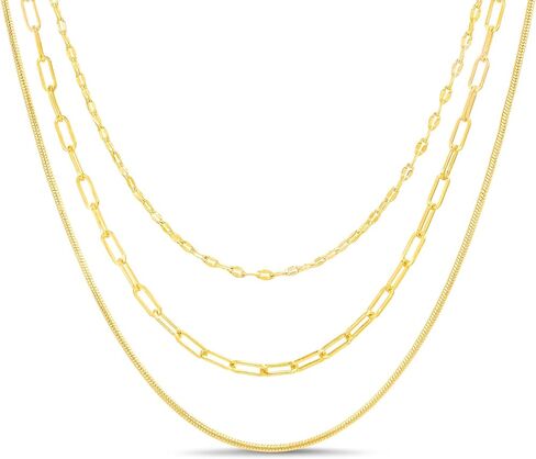 Waterproof Chain Necklace Set 14K Yellow Gold Plated Brass Sparkle Snake Paperclip Necklaces for Women 18-20 Inches in Kuwait