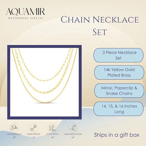 Waterproof Chain Necklace Set 14K Yellow Gold Plated Brass Sparkle Snake Paperclip Necklaces for Women 18-20 Inches in Kuwait