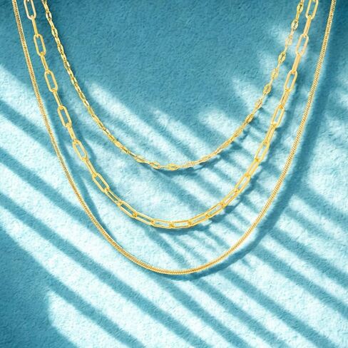 Waterproof Chain Necklace Set 14K Yellow Gold Plated Brass Sparkle Snake Paperclip Necklaces for Women 18-20 Inches in Kuwait