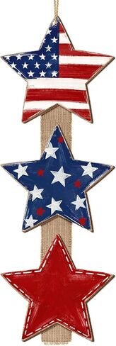 Patriotic Star Door Sign, Wooden Rustic Red White Blue, 4th of July Independence Day Wreath with Burlap, Memorial Day Door Hanger for Porch Wall Home Decor, 3 Plaques in Saudi Arabia