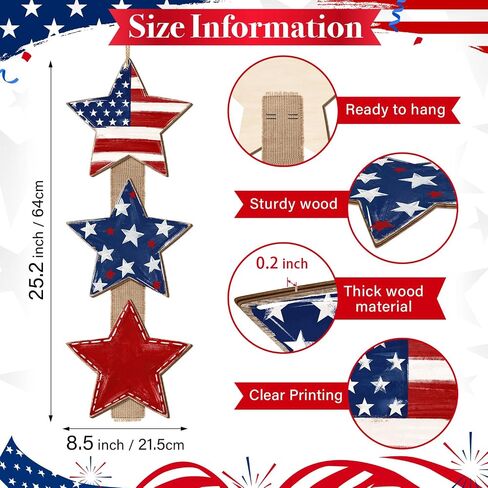 Patriotic Star Door Sign, Wooden Rustic Red White Blue, 4th of July Independence Day Wreath with Burlap, Memorial Day Door Hanger for Porch Wall Home Decor, 3 Plaques in Saudi Arabia