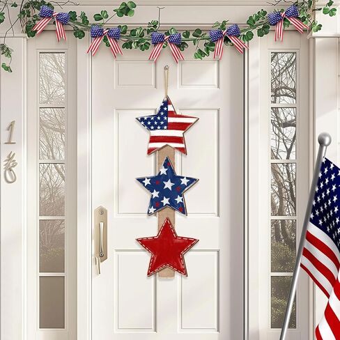 Patriotic Star Door Sign, Wooden Rustic Red White Blue, 4th of July Independence Day Wreath with Burlap, Memorial Day Door Hanger for Porch Wall Home Decor, 3 Plaques in Saudi Arabia