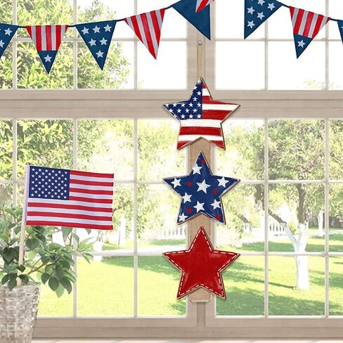 Patriotic Star Door Sign, Wooden Rustic Red White Blue, 4th of July Independence Day Wreath with Burlap, Memorial Day Door Hanger for Porch Wall Home Decor, 3 Plaques in Saudi Arabia
