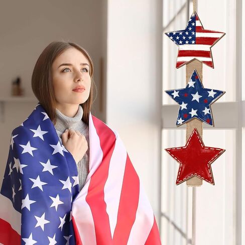 Patriotic Star Door Sign, Wooden Rustic Red White Blue, 4th of July Independence Day Wreath with Burlap, Memorial Day Door Hanger for Porch Wall Home Decor, 3 Plaques in Saudi Arabia