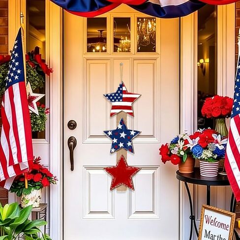 Patriotic Star Door Sign, Wooden Rustic Red White Blue, 4th of July Independence Day Wreath with Burlap, Memorial Day Door Hanger for Porch Wall Home Decor, 3 Plaques in Saudi Arabia