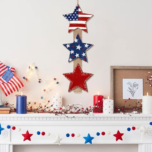 Patriotic Star Door Sign, Wooden Rustic Red White Blue, 4th of July Independence Day Wreath with Burlap, Memorial Day Door Hanger for Porch Wall Home Decor, 3 Plaques in Saudi Arabia