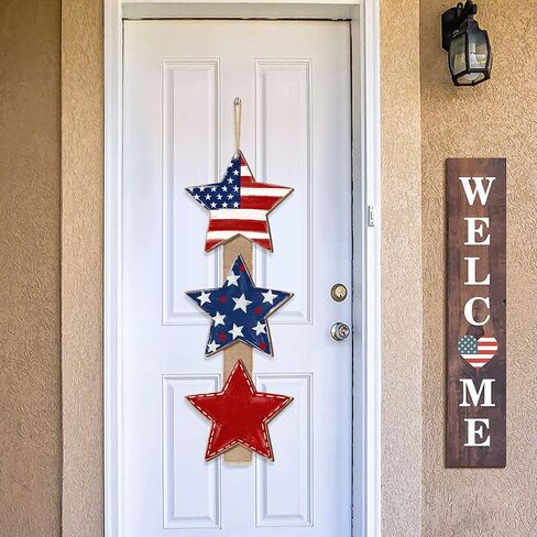 Patriotic Star Door Sign, Wooden Rustic Red White Blue, 4th of July Independence Day Wreath with Burlap, Memorial Day Door Hanger for Porch Wall Home Decor, 3 Plaques in Saudi Arabia