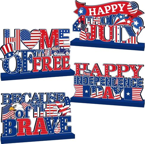 4Pcs 4th of July Decorations Wooden Table Decorations 4th of July Table Decorations Independence Day Tabletop Decor Veterans Memorial Day Patriotic Decor for 250th Anniversary in Saudi Arabia