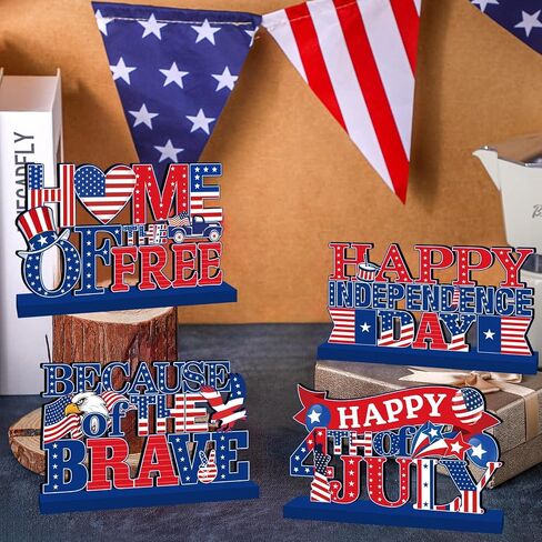 4Pcs 4th of July Decorations Wooden Table Decorations 4th of July Table Decorations Independence Day Tabletop Decor Veterans Memorial Day Patriotic Decor for 250th Anniversary in Saudi Arabia