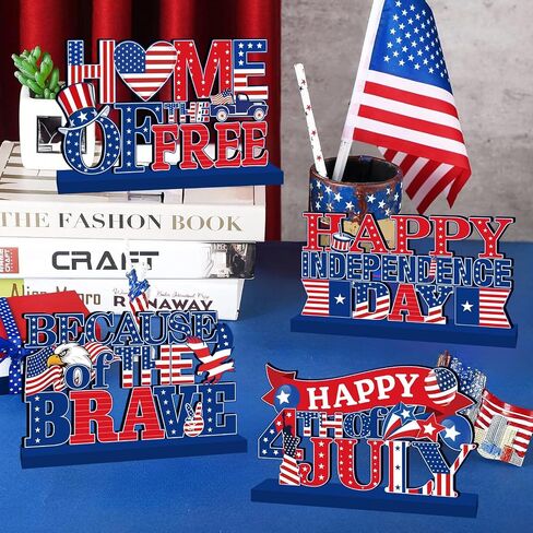 4Pcs 4th of July Decorations Wooden Table Decorations 4th of July Table Decorations Independence Day Tabletop Decor Veterans Memorial Day Patriotic Decor for 250th Anniversary in Saudi Arabia