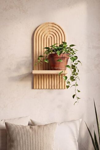 Boho Wall Shelf, 14" MCM Arched Decorative Floating Shelves, Wooden Round Shelf for Plants, Entryway, Bathroom & Bedroom, Natural Oak in Saudi Arabia