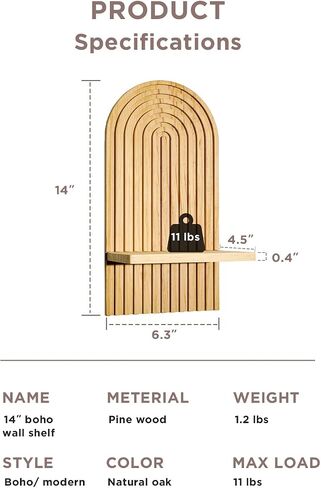 Boho Wall Shelf, 14" MCM Arched Decorative Floating Shelves, Wooden Round Shelf for Plants, Entryway, Bathroom & Bedroom, Natural Oak in Saudi Arabia