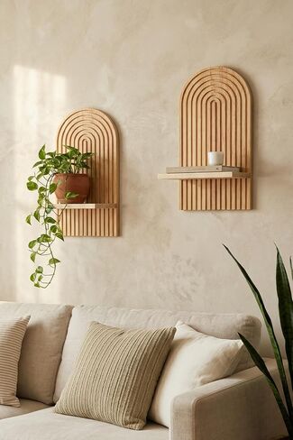 Boho Wall Shelf, 14" MCM Arched Decorative Floating Shelves, Wooden Round Shelf for Plants, Entryway, Bathroom & Bedroom, Natural Oak in Saudi Arabia