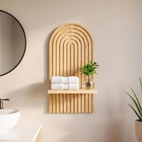 Boho Wall Shelf, 14" MCM Arched Decorative Floating Shelves, Wooden Round Shelf for Plants, Entryway, Bathroom & Bedroom, Natural Oak in Saudi Arabia