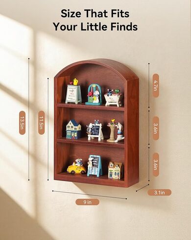 Arched Trinket Shelf, 9" x 13.5" Wooden Display Shelf for Wall or Desk, Vintage Shadow Box with Shelves for Collectibles, Mini Figures, Perfumes & Crystals - Rustic Brown in Saudi Arabia