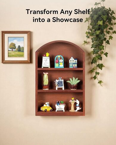 Arched Trinket Shelf, 9" x 13.5" Wooden Display Shelf for Wall or Desk, Vintage Shadow Box with Shelves for Collectibles, Mini Figures, Perfumes & Crystals - Rustic Brown in Saudi Arabia
