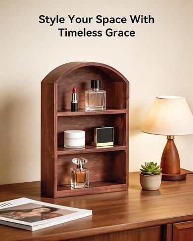 Arched Trinket Shelf, 9" x 13.5" Wooden Display Shelf for Wall or Desk, Vintage Shadow Box with Shelves for Collectibles, Mini Figures, Perfumes & Crystals - Rustic Brown in Saudi Arabia