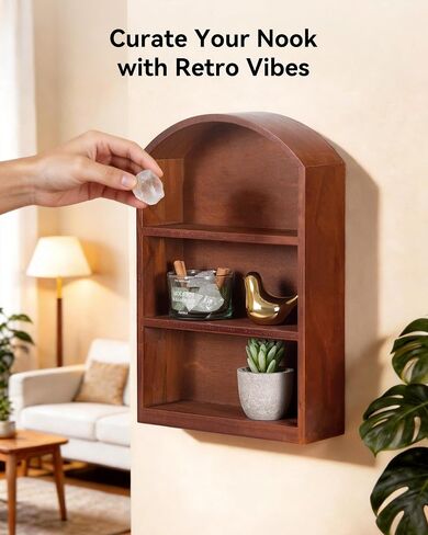 Arched Trinket Shelf, 9" x 13.5" Wooden Display Shelf for Wall or Desk, Vintage Shadow Box with Shelves for Collectibles, Mini Figures, Perfumes & Crystals - Rustic Brown in Saudi Arabia