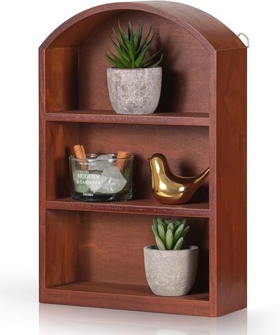 Arched Trinket Shelf, 9" x 13.5" Wooden Display Shelf for Wall or Desk, Vintage Shadow Box with Shelves for Collectibles, Mini Figures, Perfumes & Crystals - Rustic Brown in Saudi Arabia