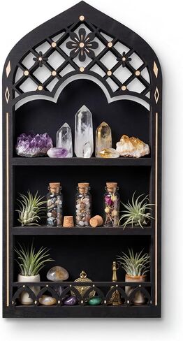 Floating Shelf-Daisy Medium, Gothic Window Crystal Display Shelf, Wall Mount Shelf, Cottagecore Decor, Wooden Wall Shelf for Bedroom and Living Room, Perfume Shelf for Wall, Black Shelf for Gothroom in Saudi Arabia