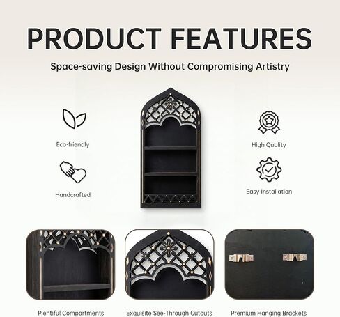Floating Shelf-Daisy Medium, Gothic Window Crystal Display Shelf, Wall Mount Shelf, Cottagecore Decor, Wooden Wall Shelf for Bedroom and Living Room, Perfume Shelf for Wall, Black Shelf for Gothroom in Saudi Arabia