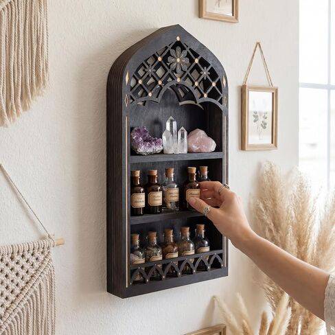 Floating Shelf-Daisy Medium, Gothic Window Crystal Display Shelf, Wall Mount Shelf, Cottagecore Decor, Wooden Wall Shelf for Bedroom and Living Room, Perfume Shelf for Wall, Black Shelf for Gothroom in Saudi Arabia