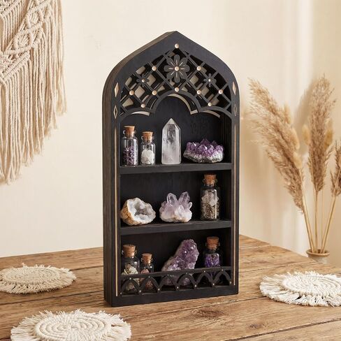 Floating Shelf-Daisy Medium, Gothic Window Crystal Display Shelf, Wall Mount Shelf, Cottagecore Decor, Wooden Wall Shelf for Bedroom and Living Room, Perfume Shelf for Wall, Black Shelf for Gothroom in Saudi Arabia