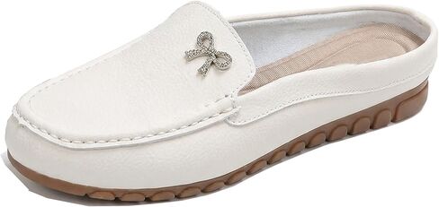 Women's Leather Rhinestone Bow Mules Comfortable Round Toe Backless Slip-On Moccasins Lightweight Everyday Office Walking Slippers. in Saudi Arabia
