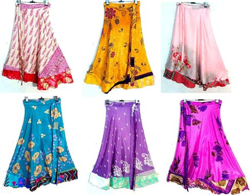 Marubhumi Indian Vintage Long Silk Saree Skirt Recycled Magic Wrap Around Bohemian Silk Skirt Reversible Boho Dress in Saudi Arabia