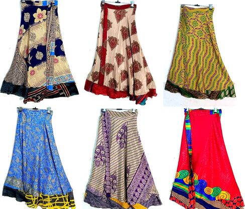 Marubhumi Indian Vintage Long Silk Saree Skirt Recycled Magic Wrap Around Bohemian Silk Skirt Reversible Boho Dress in Saudi Arabia