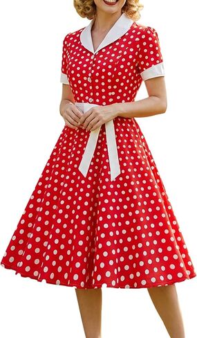 Women's 1950s Vintage Polka Dot Dress - Peter Pan Collar Puff Sleeve Swing Dress with Belt for Party Wedding in Kuwait