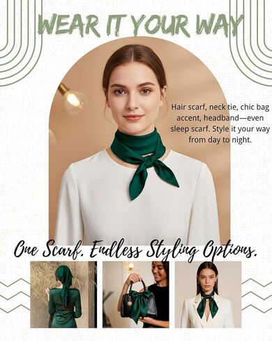 Green Satin Neck Scarf for Women - Silk Feeling Square 27x27 Inches for Hair, Handkerchief & Head Wrap in Saudi Arabia
