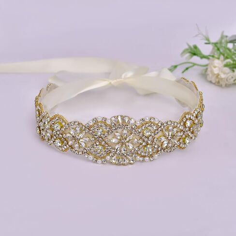 azaleas Women's Crystal Thin Wedding Belt Sashes Bridal Sash Belt for Wedding (S161B-G-IV)(Ivory) in Saudi Arabia