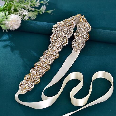 azaleas Women's Crystal Thin Wedding Belt Sashes Bridal Sash Belt for Wedding (S161B-G-IV)(Ivory) in Saudi Arabia