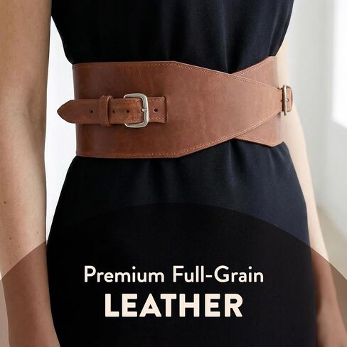 Leather Wide Waist Belt for Women - Genuine Leather Waist Cincher Belt, Wide Corset 3.9", Fashion Belt for Dresses, Tunics and Coats, Waist Size 29"-32", Warm Brown in Kuwait