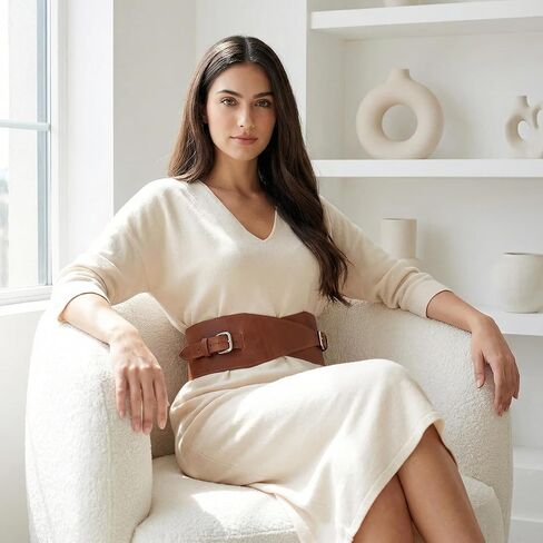 Leather Wide Waist Belt for Women - Genuine Leather Waist Cincher Belt, Wide Corset 3.9", Fashion Belt for Dresses, Tunics and Coats, Waist Size 29"-32", Warm Brown in Kuwait