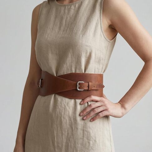 Leather Wide Waist Belt for Women - Genuine Leather Waist Cincher Belt, Wide Corset 3.9", Fashion Belt for Dresses, Tunics and Coats, Waist Size 29"-32", Warm Brown in Kuwait