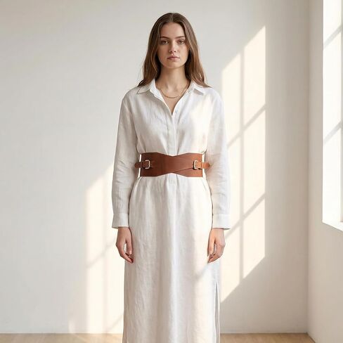 Leather Wide Waist Belt for Women - Genuine Leather Waist Cincher Belt, Wide Corset 3.9", Fashion Belt for Dresses, Tunics and Coats, Waist Size 29"-32", Warm Brown in Kuwait