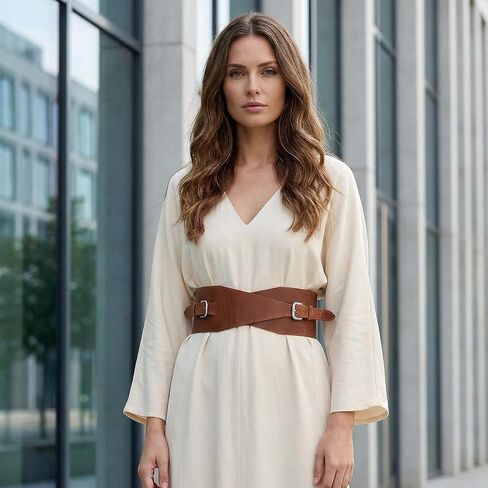 Leather Wide Waist Belt for Women - Genuine Leather Waist Cincher Belt, Wide Corset 3.9", Fashion Belt for Dresses, Tunics and Coats, Waist Size 29"-32", Warm Brown in Kuwait